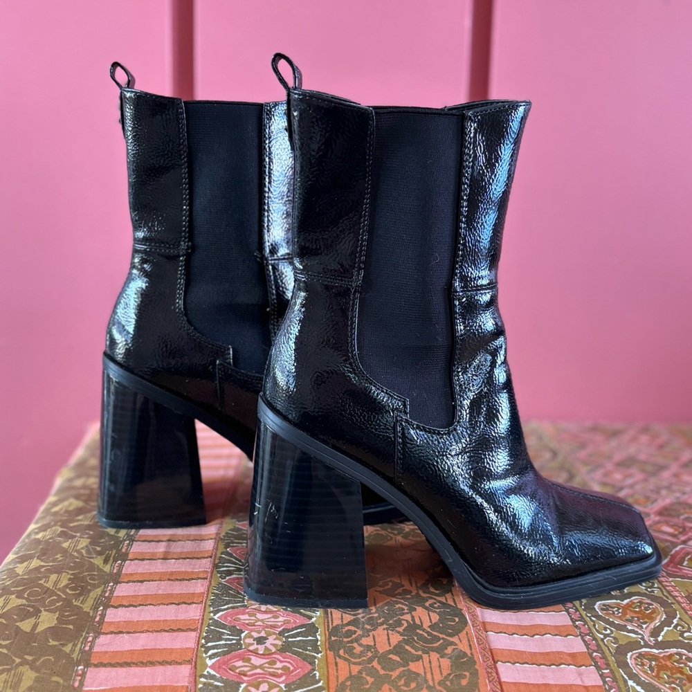Circus NY Black Patent Block Heel Ankle Boots - Size 8.5 - Black Ankle Boots
